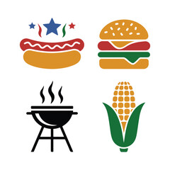 4th of July BBQ Food Silhouette Icons with Hot Dog, Burger, Grill, Soda, and Corn