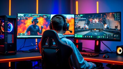 Obraz premium Empty gaming setup with dual screens and headset