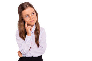 Close-up portrait of her she nice attractive lovely calm intellectual pre-teen girl thinking science decide solution strategy question isolated over light white grey background