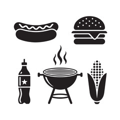 4th of July BBQ Food Silhouette Icons with Hot Dog, Burger, Grill, Soda, and Corn