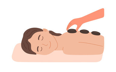 Woman patient lying on couch on Thai massage with stone. Body relaxing treatment. Vector flat illustration