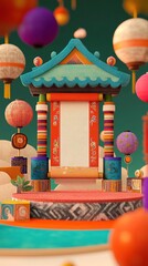 Festive Chinese New Year Poster with Large Central Scroll and Vibrant Lanterns: 3D Cartoon Commercial Background. Colorful Felt Texture, Warm Studio Lighting, and Rich Details Create Joyful Holiday At