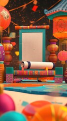 Festive Chinese New Year Poster with Large Central Scroll and Vibrant Lanterns: 3D Cartoon Commercial Background. Colorful Felt Texture, Warm Studio Lighting, and Rich Details Create Joyful Holiday At