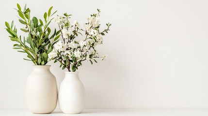 Fototapeta premium Elegant Vases with Green Leaves and White Flowers on Neutral Background