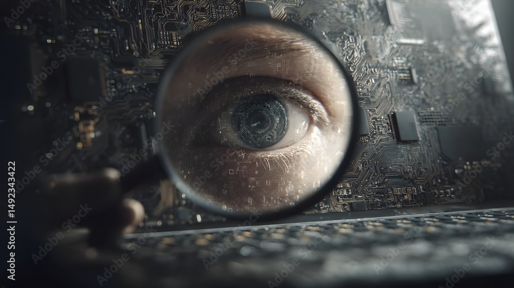 Poster a digital eye hidden within a microchip observes the world through a magnifying