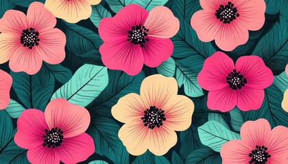 Seamless pattern of vibrant pink and yellow flowers with detailed black centers surrounded by teal and dark green leaves creating a lush, tropical feel