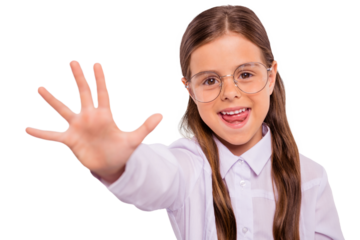 Close-up portrait of her she nice attractive lovely winsome sweet smart intellectual cheerful cheery pre-teen girl giving you five great done isolated over light white grey background