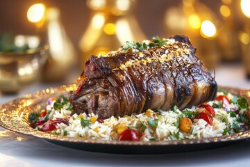 Roasted lamb dish presented on a decorative platter.