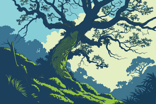 122 twisted, gnarled, ancient tree trunk, mossy, overgrown with lush foliage, blue sky, wispy clouds, dramatic lighting, cinematic, high detail, vibrant colors, textured