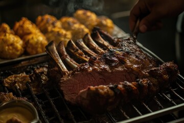 Roasted ribs on a grill with other foods.
