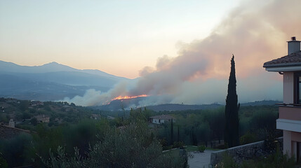 Fototapeta premium Distant Forest Fire At Sunset Over Hills And Mountains