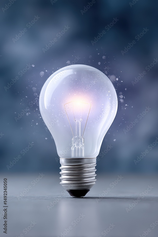 Poster glowing lightbulb with sparkles on dark background