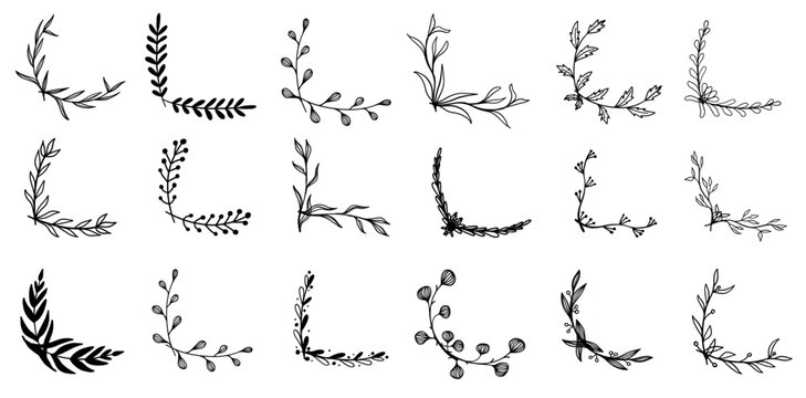 Floral hand drawn border ornament frame half corner rectangle wedding flourish doodle sketch monochrome set in minimalistic rustic vintage style.