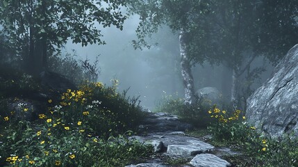 Misty forest path through wildflowers