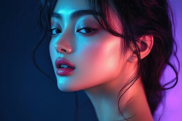 Fototapeta premium Close-up portrait of a young woman with glowing skin illuminated by vibrant blue and pink neon lighting, creating a moody and futuristic atmosphere