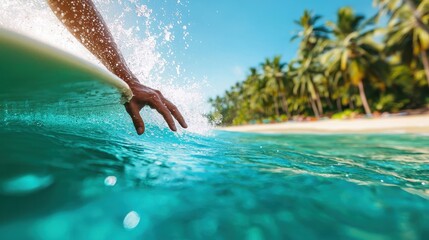 Hand Reaching Out from Surfboard in Clear Blue Ocean Water with Tropical Palm Trees in Background