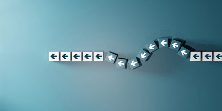 Flexibility and adaptation concept. Arrows on cubes following a flexible path. Reaction to events and dangers