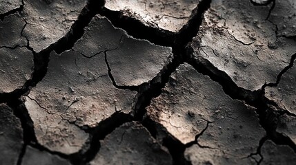 close-up of dry and cracked earth showing texture and deep fissures symbolizing drought and arid conditions