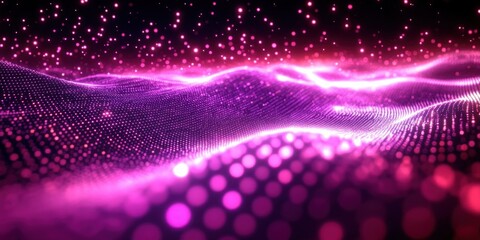Abstract digital landscape of glowing pink and purple particles forming wave-like patterns with a vibrant, futuristic atmosphere