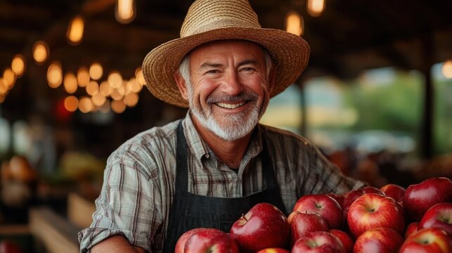Smiling elderly man wearing a straw hat and apron standing behind a table full of fresh red apples in a market setting with warm ambient lighting
