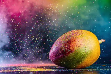 Luminous Mango with Colorful Speckles on Dark Background Varient 1