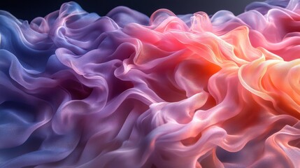Ethereal silky fabric surface with fluid waves and vibrant color gradient of coral and violet on black background