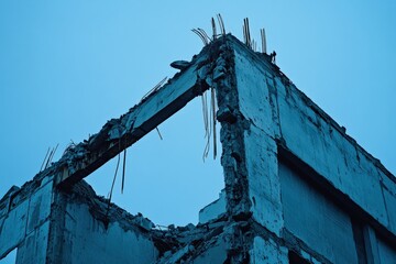 Abandoned building structure with exposed concrete and rebar against blue sky