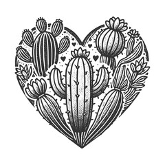 Fototapeta premium cacti arranged in a heart shape, featuring intricate textures, spines, and desert plant designs sketch engraving generative ai raster illustration. Scratch board imitation. Black and white image.