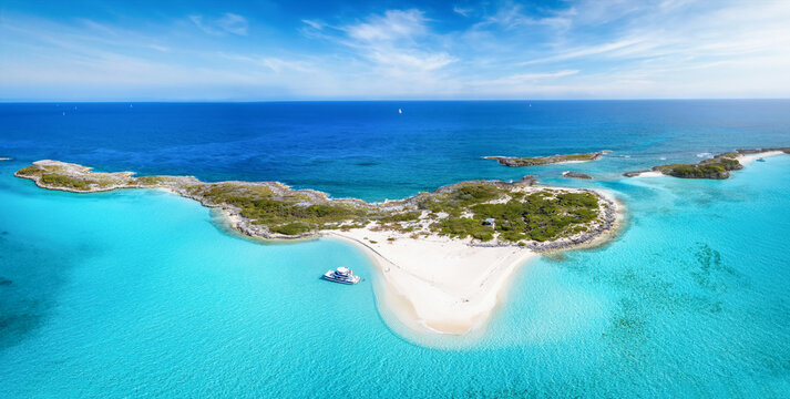 Panoramic aerial view of the beautiful Exumas Cays, The Bahamas Caribbean