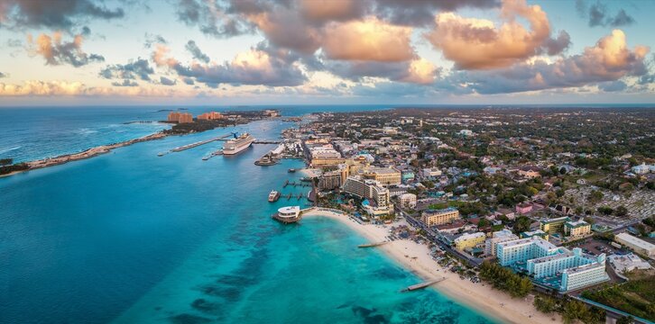 Aerial sunset view of Nassau town and harbour with Junkanoo beach at the Western Esplanade, New Providence, The Bahamas