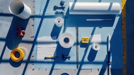 Creative layout of art supplies and tools for design projects and crafts