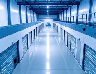 Modern storage facility interior with long aisles and metallic doors