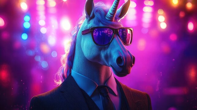 stylish unicorn wearing sunglasses and a formal suit in a vibrant neon-lit environment, exuding cool and confident vibes