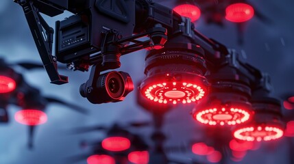 Modern drone in sky with surveillance technology in urban landscape