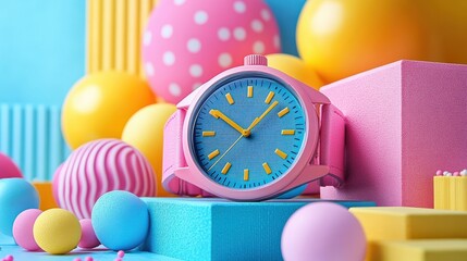 Colorful watch surrounded by bright geometric shapes and balls in playful composition