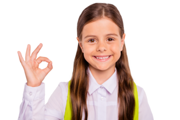 Close-up portrait of her she nice attractive lovely cheerful cheery optimistic positive pre-teen girl nerd showing ok-sign advert ad agree isolated over light white grey background