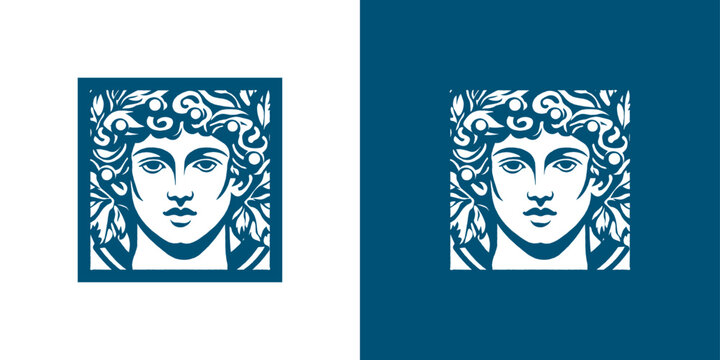 Classic greek youth face logo with grapevine wreath. Elegant design for mediterranean restaurant branding.