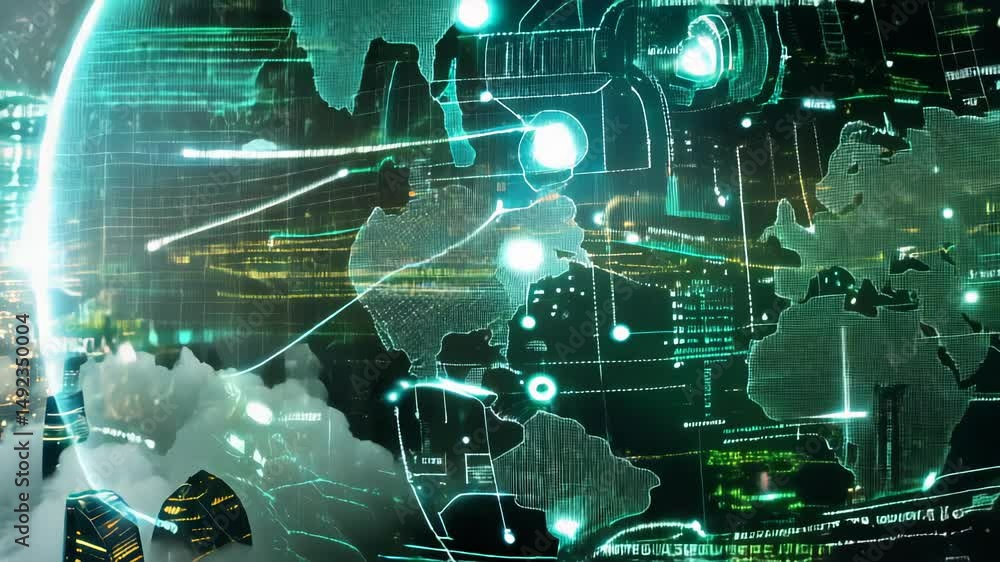 Poster futuristic global information network concept over cityscape with digital data overlay and high-tech