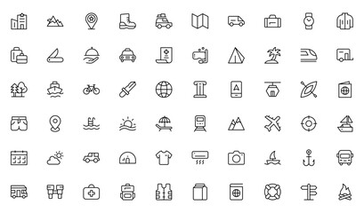 Adventure line icon set. Containing hike, campfire, snorkeling, climbing, travel and camping icons. Editable Stroke icon collection Outline icon