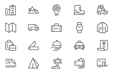 Adventure line icon set. Containing hike, campfire, snorkeling, climbing, travel and camping icons. Editable Stroke icon collection Outline icon