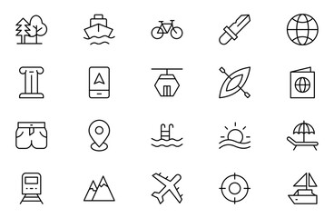 Adventure line icon set. Containing hike, campfire, snorkeling, climbing, travel and camping icons. Editable Stroke icon collection Outline icon