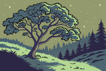 Obraz premium 124 outdoor night scene, large tree with lush green foliage, nighttime forest with stars in the sky, detailed landscape, vivid colors, digital art