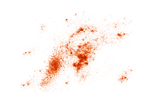 ground red chili paprika powder pile flying, dry pepper spice dust, graphic element isolated on a transparent background