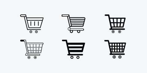Minimal Shopping Cart Icon Set on Clean Background, Flat Line Shopping Cart