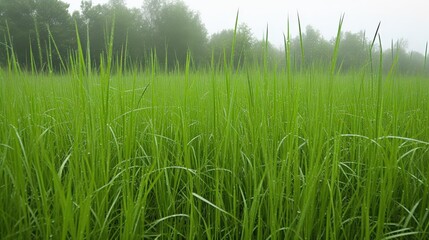 Lush green rice field with dewy grass in foggy environment