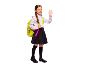 Full length body size view portrait of her she nice attractive lovely friendly cheerful cheery pre-teen girl waving hi hello isolated over light white grey background