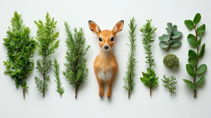 Realistic model of young deer surrounded by various green plants on white background