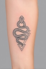 Small Black Linework Snake Tattoo on Fair Skin with Geometric Triangles