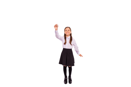 Full length body size view portrait of her she nice attractive diligent cheerful smart clever pre-teen girl writing exercise isolated over light white grey background