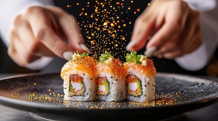Chef Sprinkling Edible Gold Dust on Sushi Rolls with Fresh Ingredients in a Gourmet Restaurant Setting